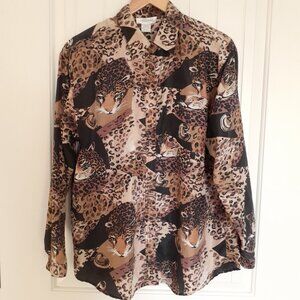 Vintage K. Arnold Silk Cheetah Face Pattern Button Up Shirt Brown Size L